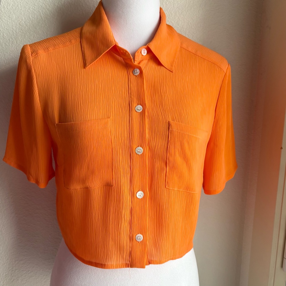 NWT STAUD Tangerine Orange Crepe Cropped Button Up Top M